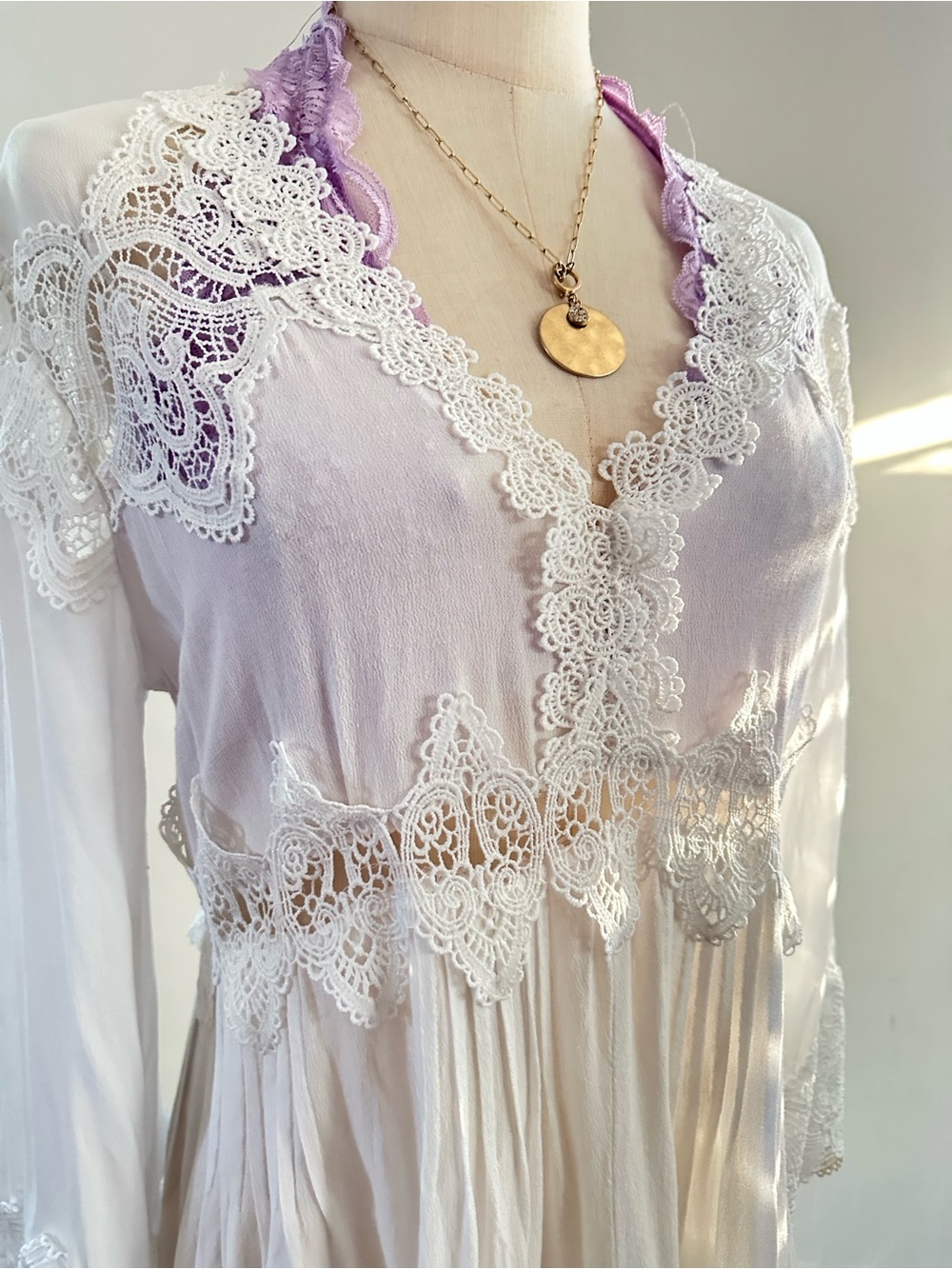 Vici White Lace Crochet Boho Tunic Blouse Romantic Sheer Top M